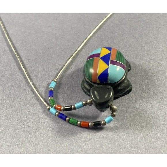 Zuni Necklace Hand Carved Onyx Multi Stone Inlaid Turtle Pendant Necklace - Picture 6 of 9